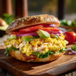 Savory Chicken and Scrambled Egg Bagel Sandwich with Avocado, Lettuce, and Tomato for a Satisfying Meal