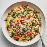 Creamy Orzo Pasta with Spinach, Bacon, and Tomatoes