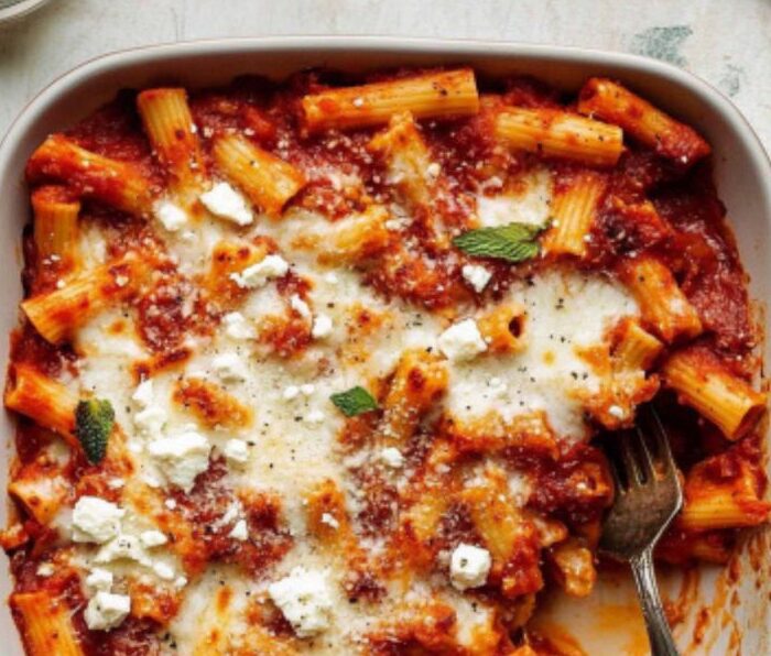 Cheesy Baked Rigatoni with Tomato Sauce and Mozzarella