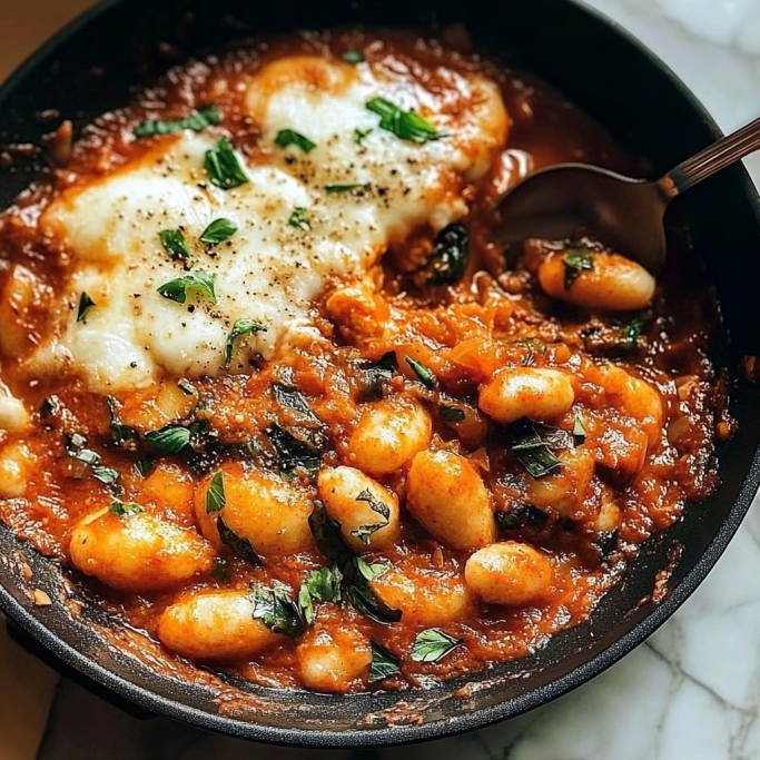 Skillet Gnocchi in Tomato Sauce with Melted Mozzarella