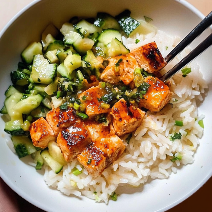 Spicy Grilled Chicken Rice Bowl with Cucumber Salsa