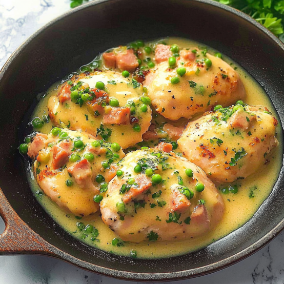 Creamy Chicken Thighs with Ham and Peas