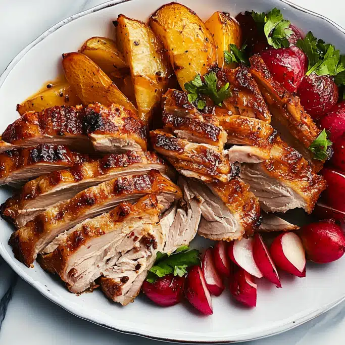 Roasted Chicken Thighs with Golden Potatoes and Radishes