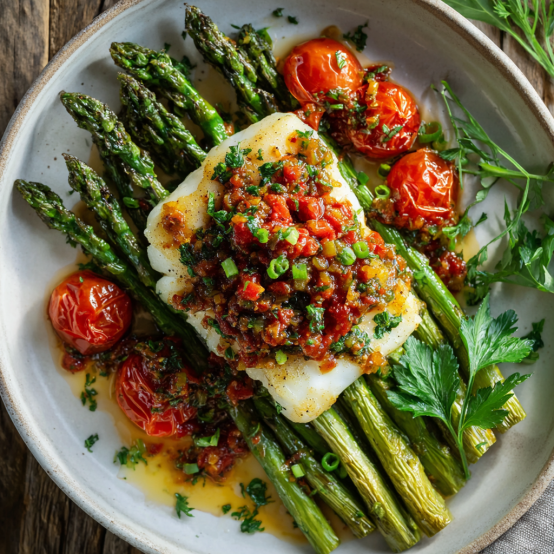 Baked Cod with Roasted Asparagus and Cherry Tomatoes
