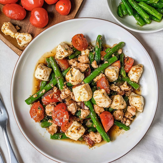 Mozzarella, Tomato, Green Bean, and Chicken Skillet