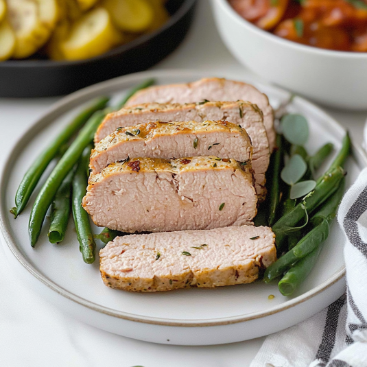 Herb-Crusted meat Tenderloin with Green Beans