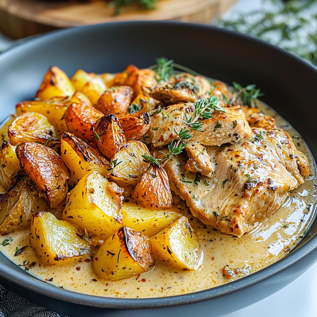 Creamy Herbed Chicken with Roasted Potatoes – A Comforting and Flavorful One-Pan Meal Perfect for Weeknight Dinners