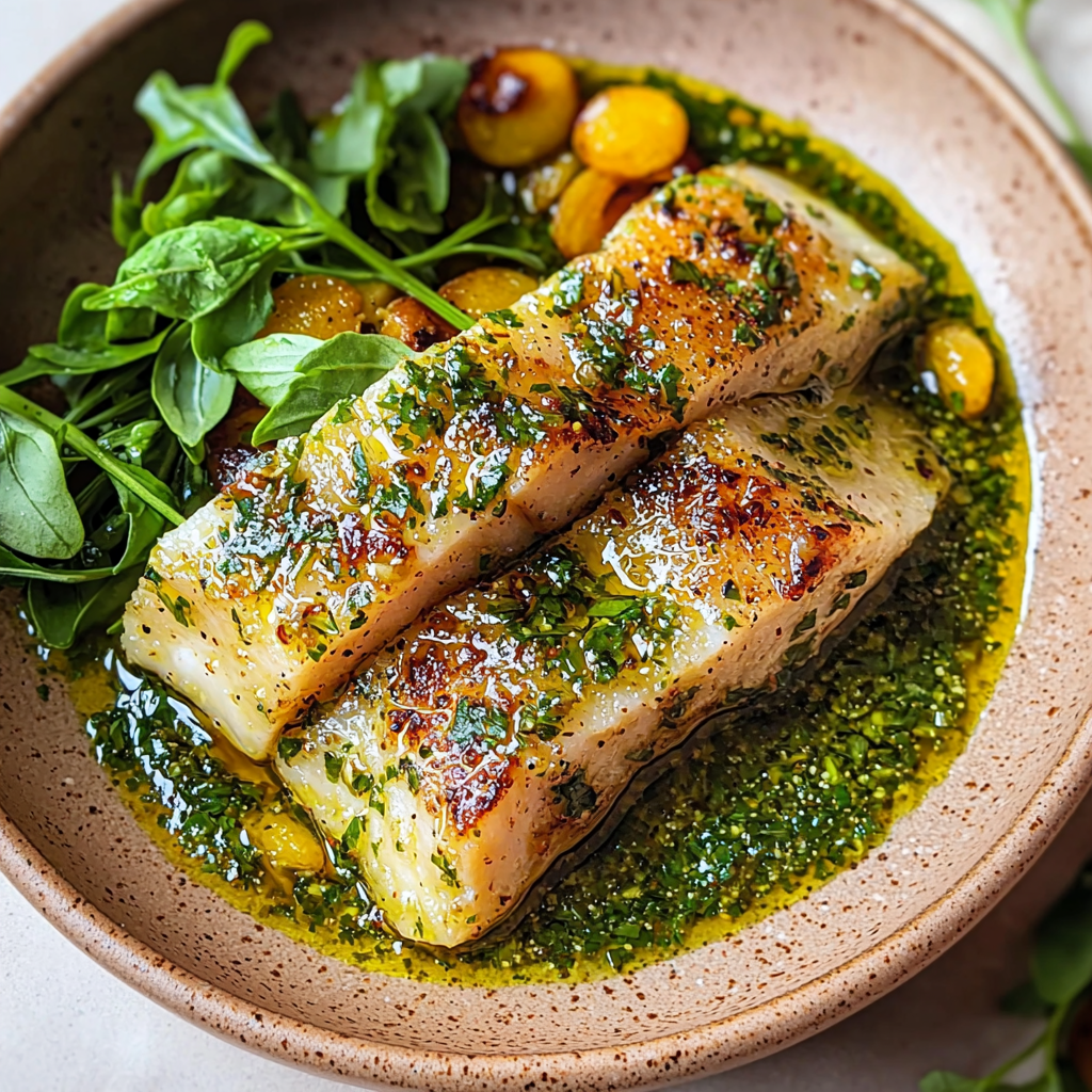 Pan-Seared Fish with Herb Butter Sauce, Wilted Greens, and Golden Grapes – A Light Yet Luxurious Dinner with Elegant Flavors