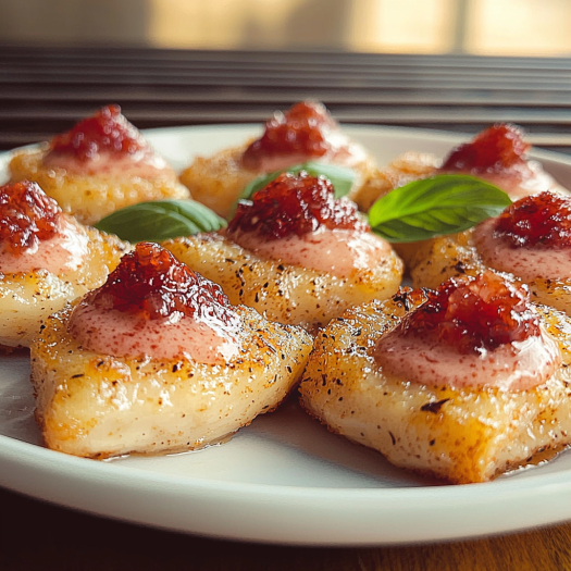 Crispy Cheese Rounds with Strawberry Cream and Tomato Jam