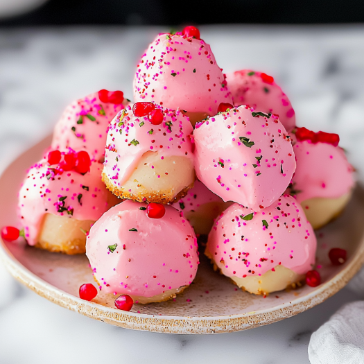 Pink Candy-Coated Cake Bites: Moist Vanilla Cake Balls Dipped in a Pink Candy Shell and Sprinkled with Festive Toppings for Any Celebration