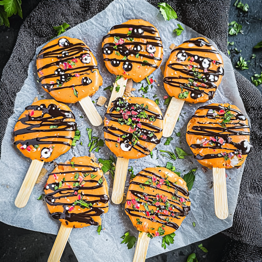 Halloween Monster Cookie Pops: Spooky and Fun Pumpkin-Flavored Cookie Pops Decorated with Candy Eyes and Chocolate Drizzle for Halloween Parties