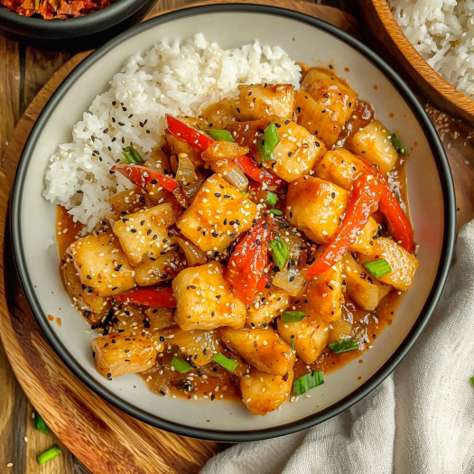 Sticky Garlic Chicken with Peppers and Rice