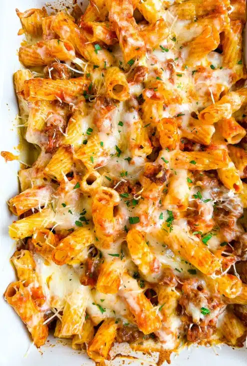 Baked Ziti with Cheese and Hearty Meat Sauce