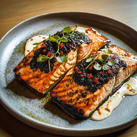 Miso Glazed Salmon with Crispy Nori and Microgreens