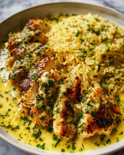 Grilled Chicken in Garlic Herb Butter Sauce with Rice