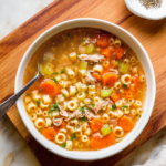 small round pasta rings and shredded light brown meat