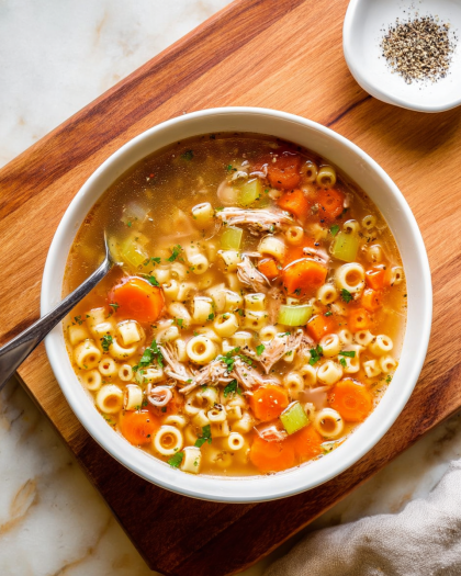 small round pasta rings and shredded light brown meat