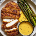 Crispy Chicken Cutlets with Mustard Sauce and Roasted Asparagus
