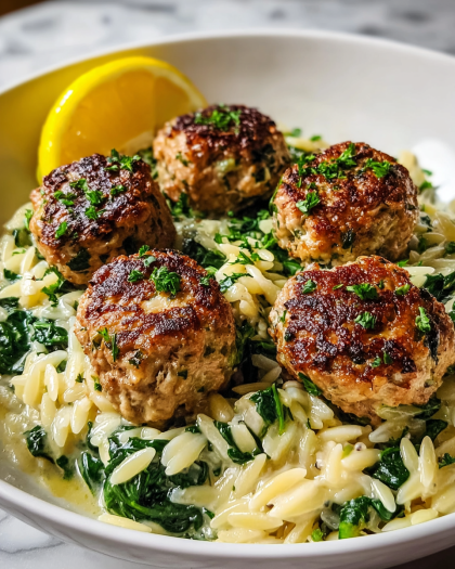 Pan-Seared Meatballs with Creamy Orzo and Spinach