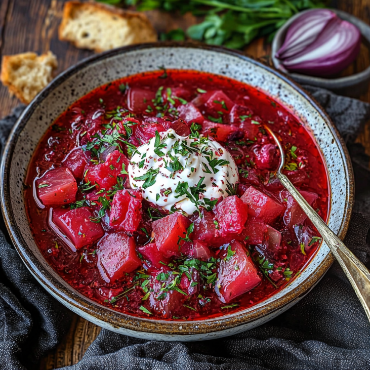 Hearty Beetroot Borscht with Sour Cream and Fresh Herbs