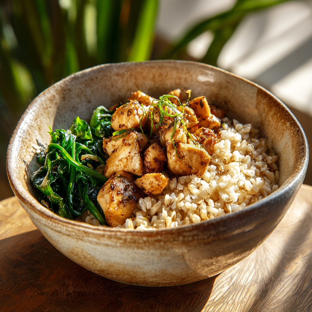 Healthy Garlic Chicken Brown Rice Bowl Recipe