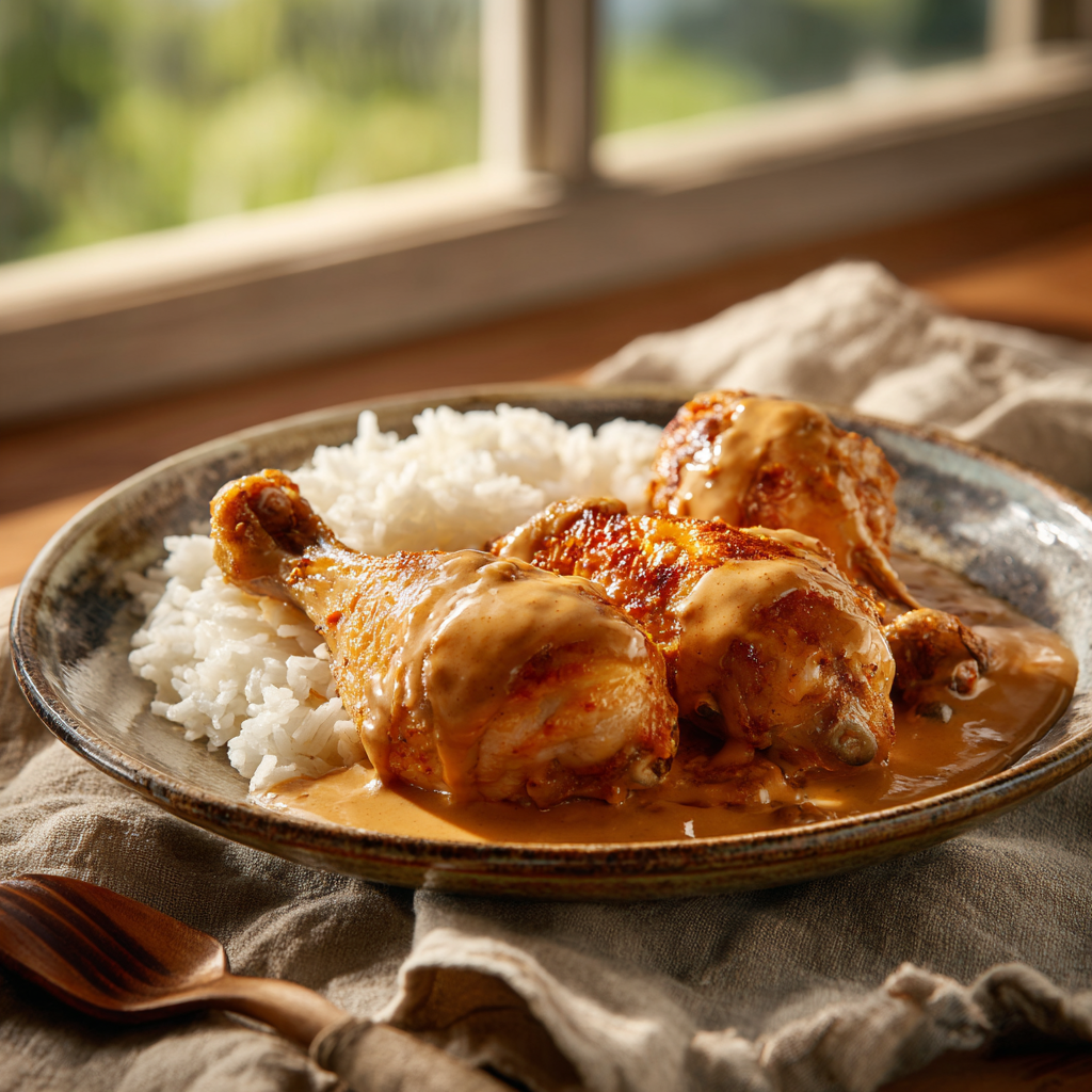 Creamy Paprika Chicken Drumsticks with Steamed Rice Recipe - Recipe Image