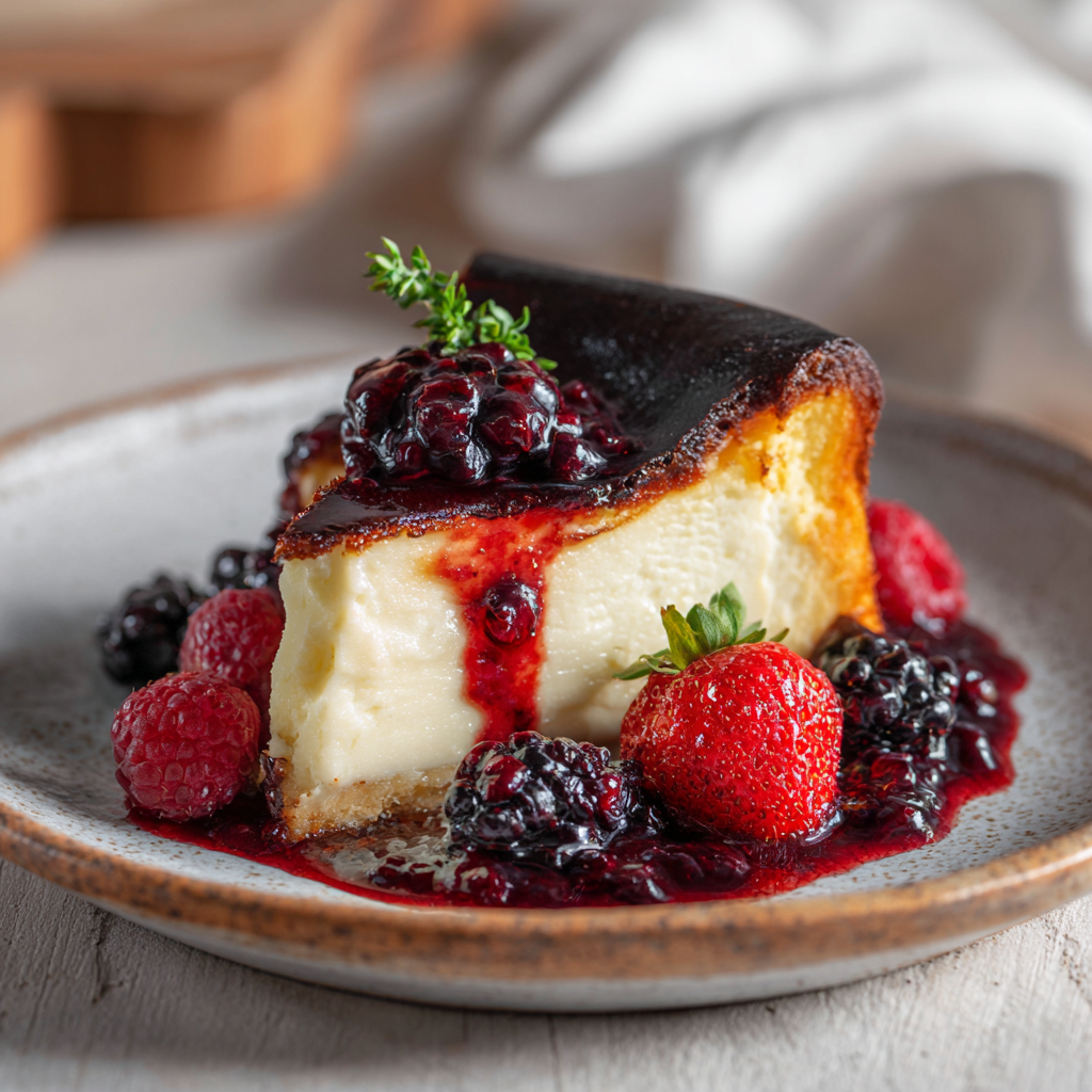 Burnt Basque Cheesecake with Warm Berry Compote Recipe