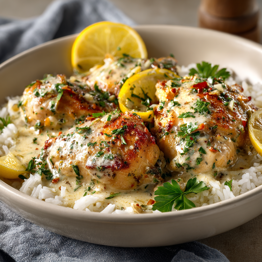 Creamy Lemon Herb Chicken with Rice Recipe - Recipe Image