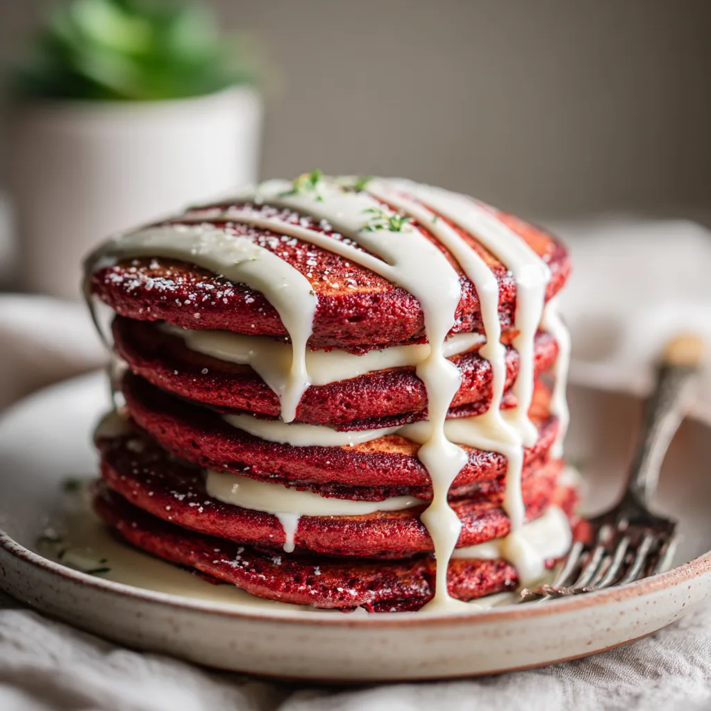Velvet Pancakes with Cream Cheese Syrup Recipe 2 Velvet Pancakes with Cream Cheese Syrup Recipe - Recipe Image