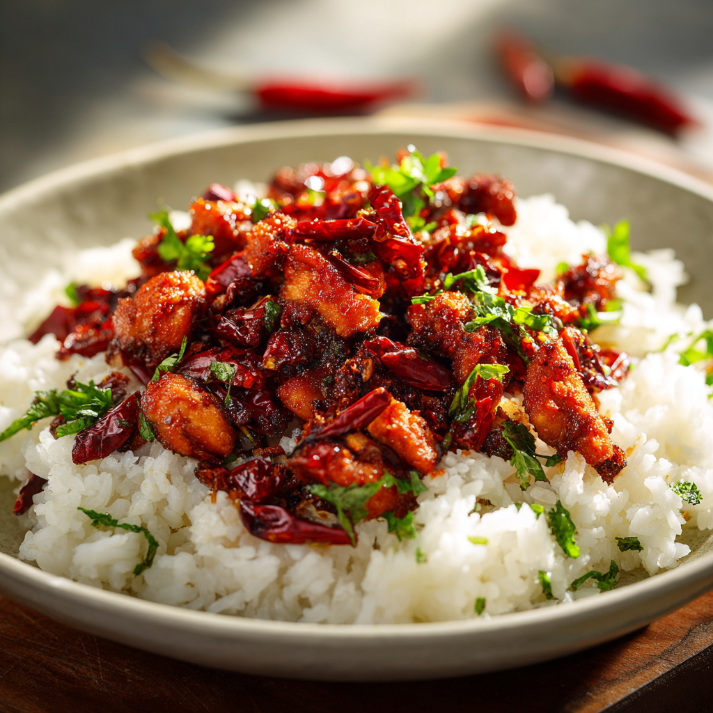 Extreme Spicy Dry Chili Chicken Rice: Mouth-On-Fire Style Recipe - Recipe Image