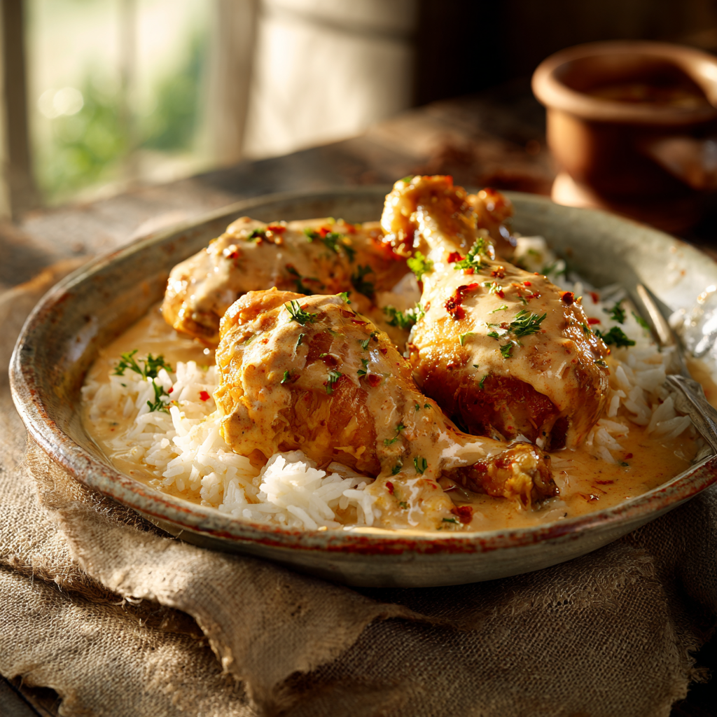 Creamy Paprika Chicken Drumsticks with Steamed Rice Recipe - Recipe Image