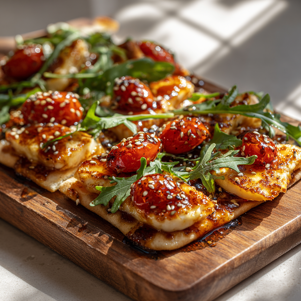 Spicy Harissa Honey Halloumi Flatbread Recipe - Recipe Image