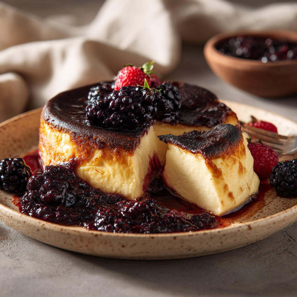 Burnt Basque Cheesecake with Warm Berry Compote Recipe - Recipe Image