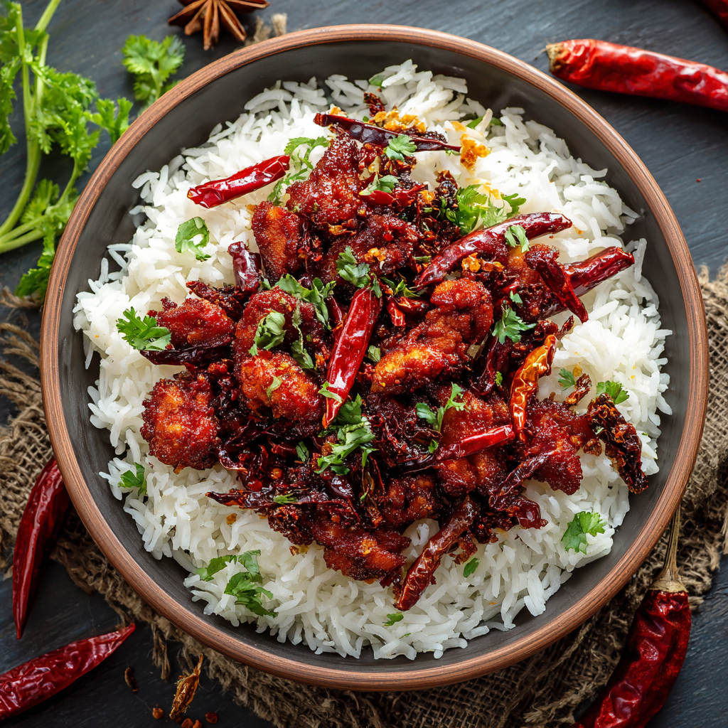 Extreme Spicy Dry Chili Chicken Rice: Mouth-On-Fire Style Recipe - Recipe Image