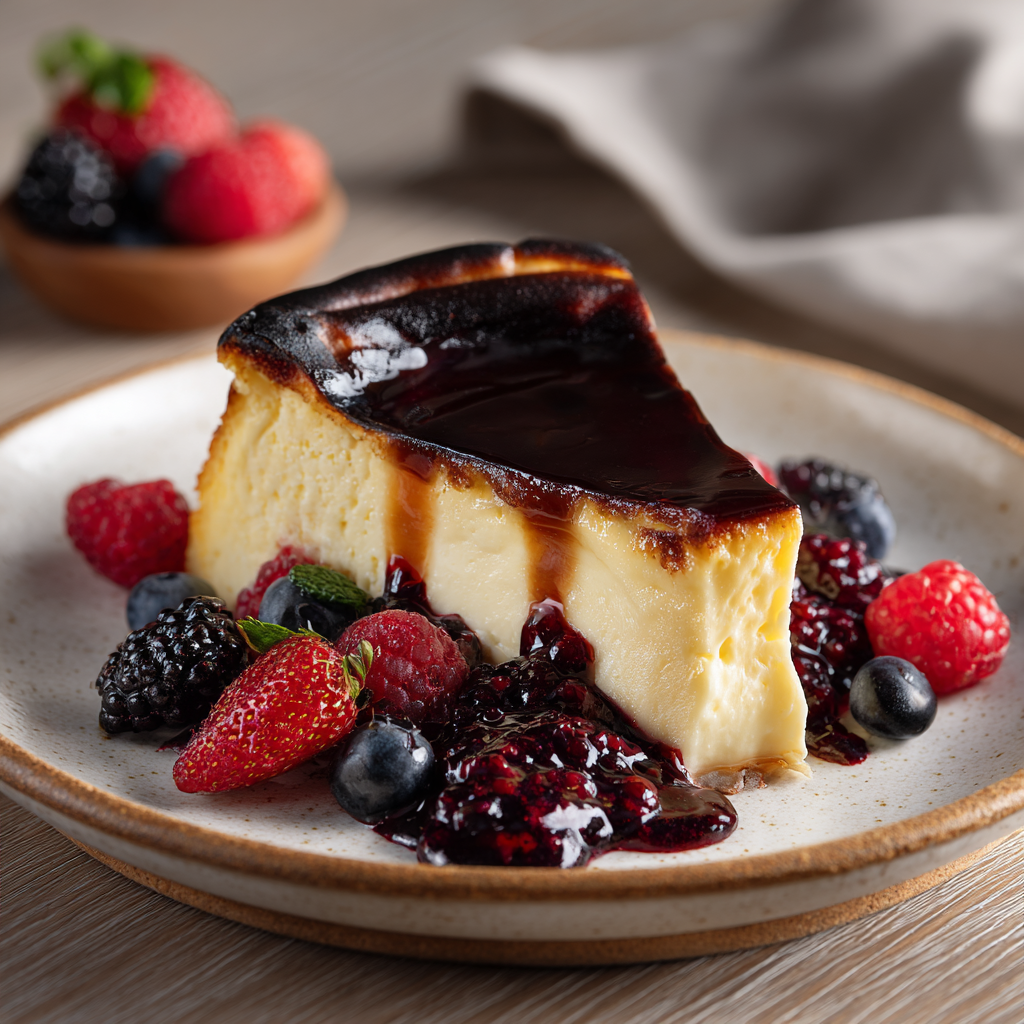 Burnt Basque Cheesecake with Warm Berry Compote Recipe - Recipe Image