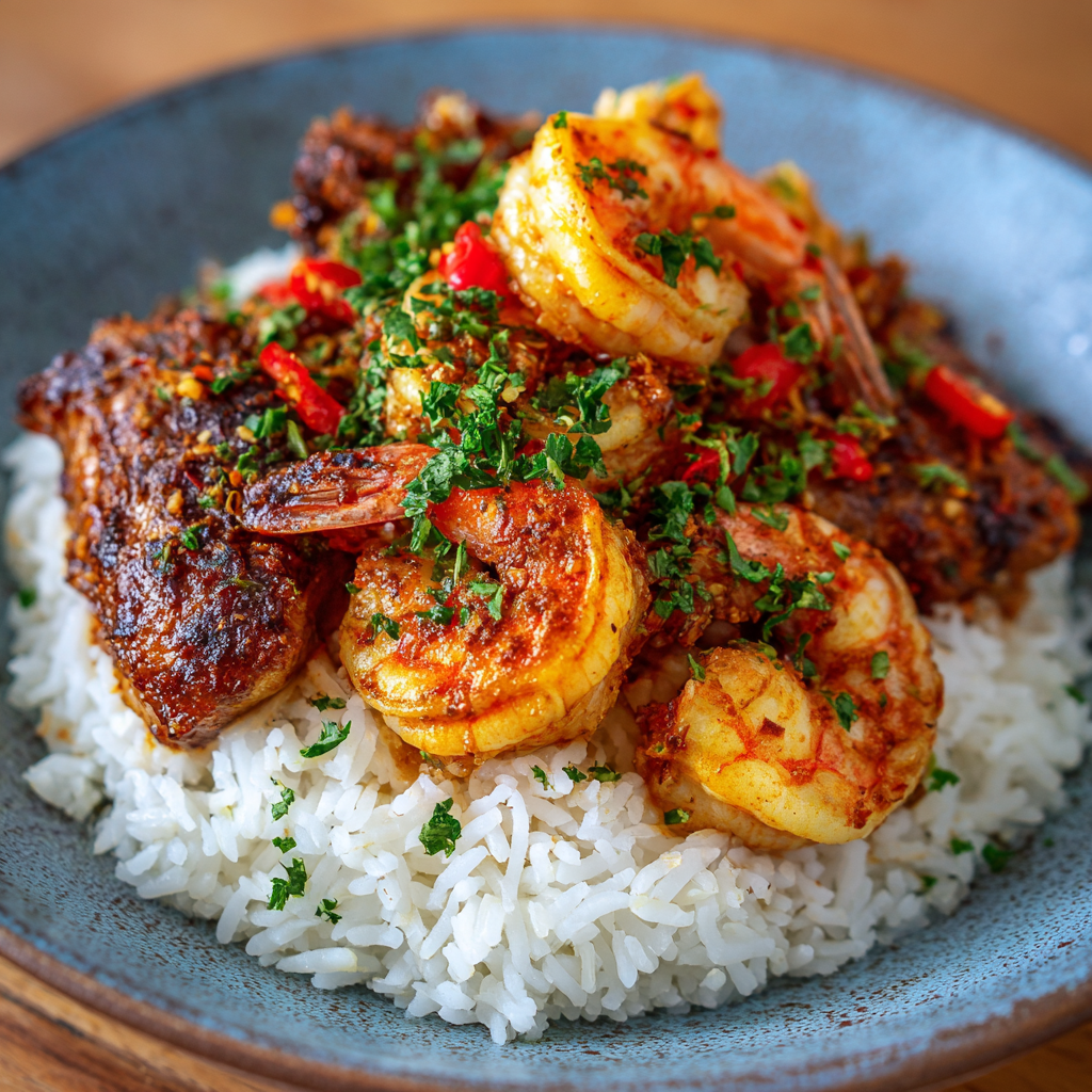 Spicy Garlic Chicken & Shrimp Rice: Fiery Feast Recipe - Recipe Image