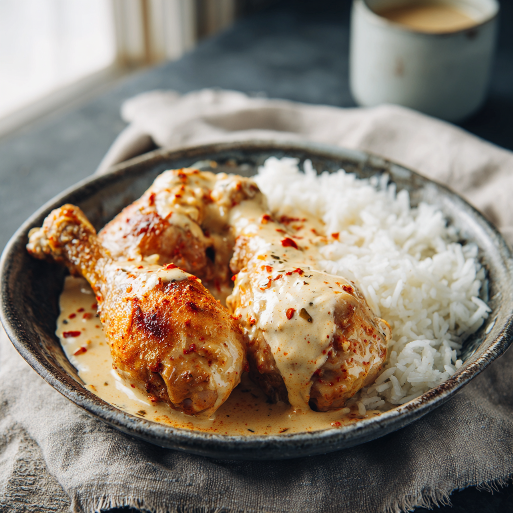 Creamy Paprika Chicken Drumsticks with Steamed Rice Recipe