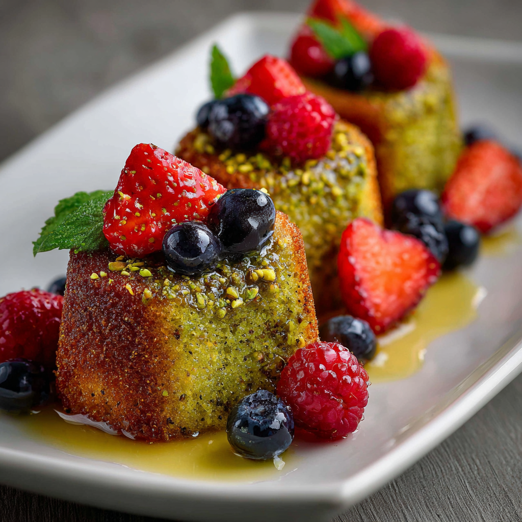 Pistachio Financier with Honey Glaze and Fresh Berries Recipe