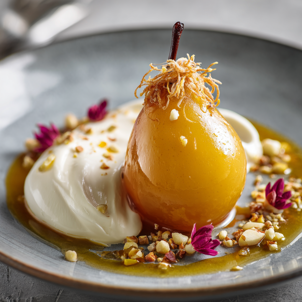 Poached Pear with Saffron Syrup and Mascarpone Cream Recipe