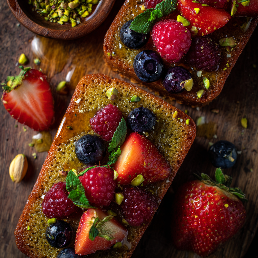 Pistachio Financier with Honey Glaze and Fresh Berries Recipe - Recipe Image