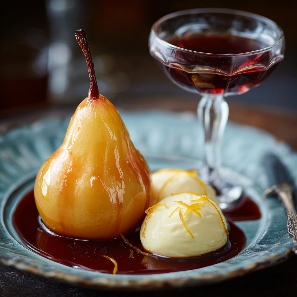 Poached Pear with Saffron Syrup and Mascarpone Cream Recipe - Recipe Image