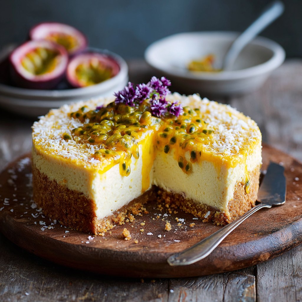 Passionfruit Cheesecake with Coconut Crust Recipe - Recipe Image