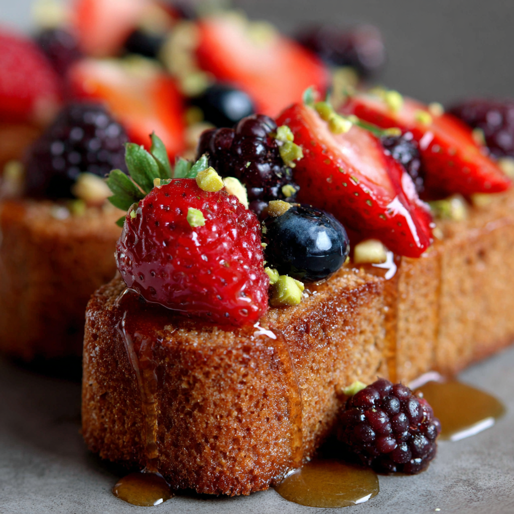 Pistachio Financier with Honey Glaze and Fresh Berries Recipe - Recipe Image