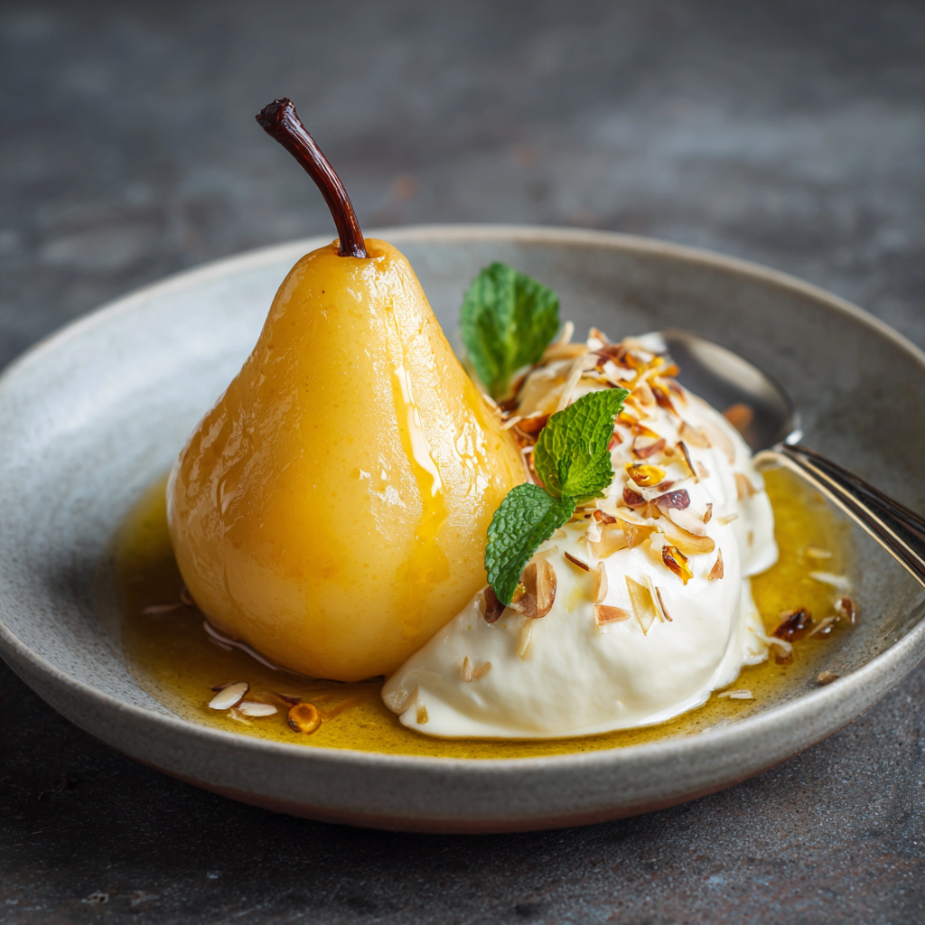 Poached Pear with Saffron Syrup and Mascarpone Cream Recipe - Recipe Image