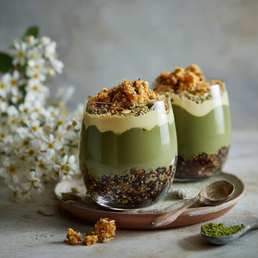 Matcha White Chocolate Parfait with Sesame Crunch Recipe - Recipe Image