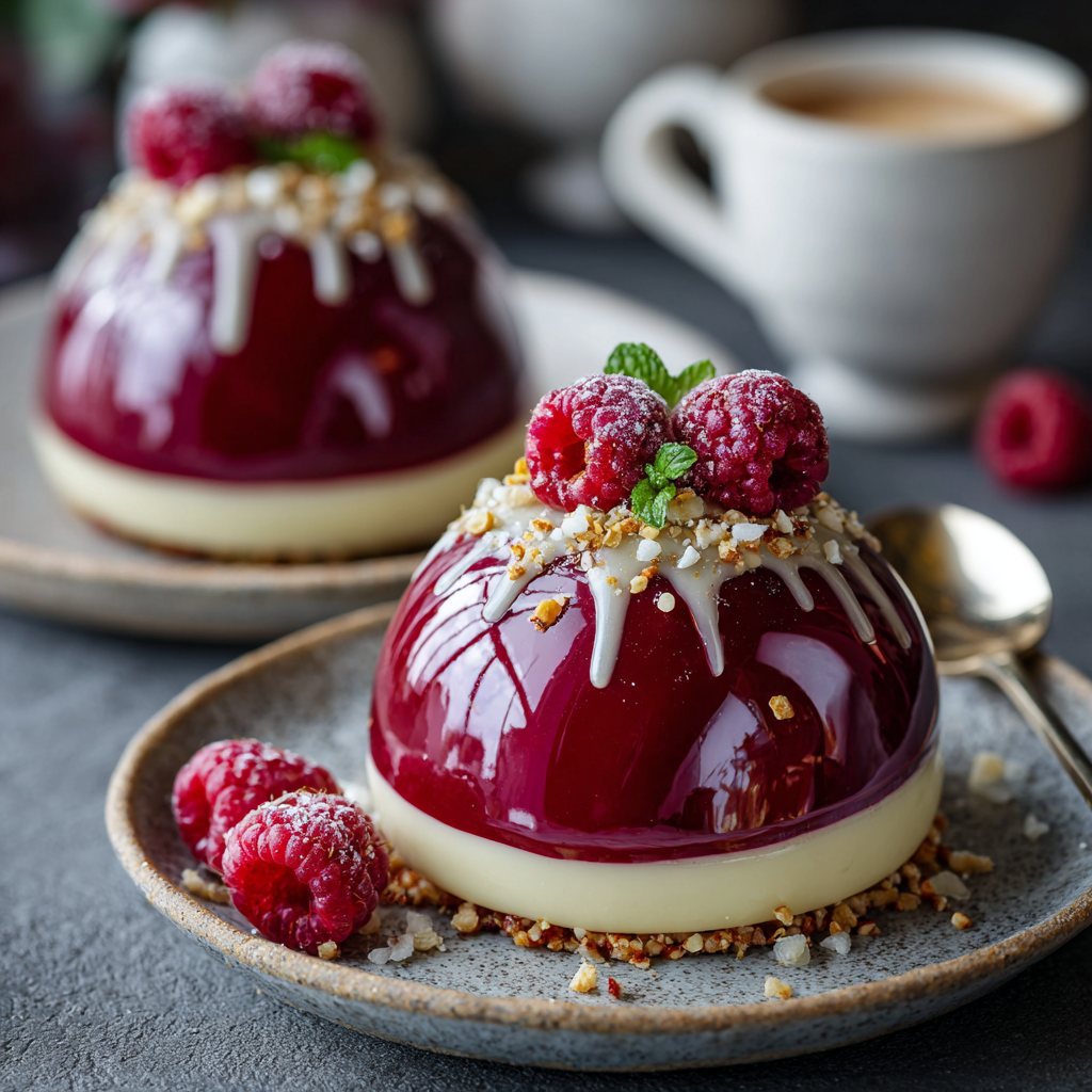 Raspberry White Chocolate Dome with Mirror Glaze Recipe - Recipe Image